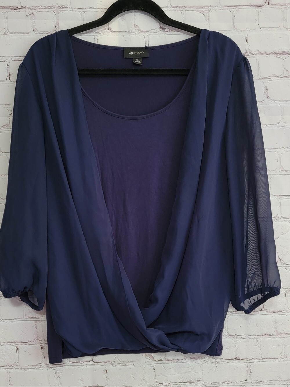 AB Studio Navy Draped Chiffon Overlay Blouse XL